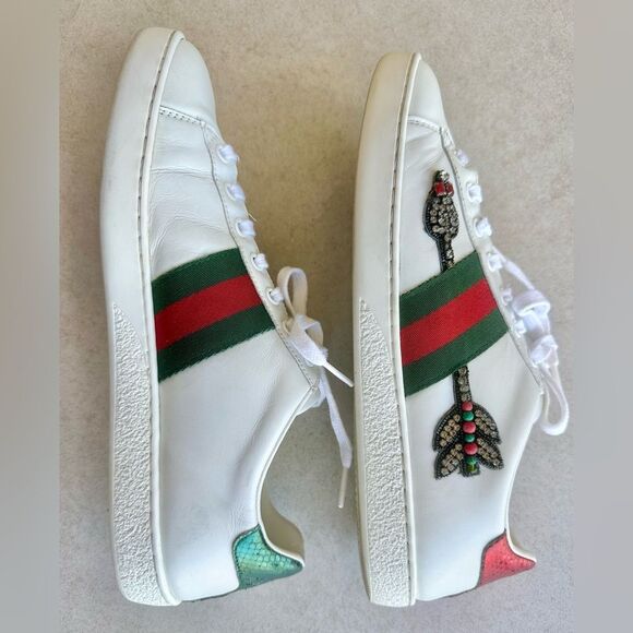 Gucci White Leather Ace Web Arrow Embroidered Low Top Sneakers size 38.5 White - Picture 8 of 12